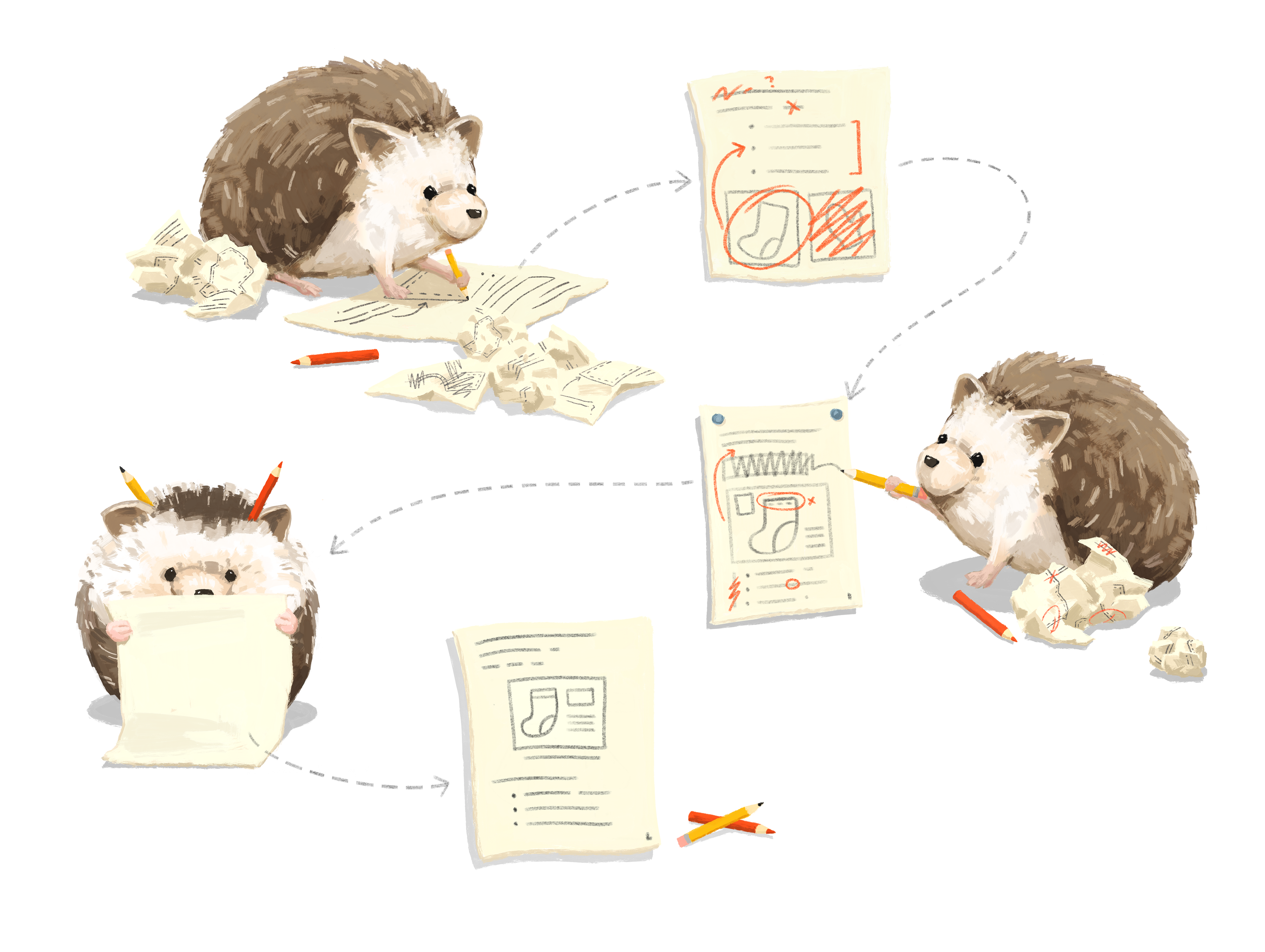 A cute illustrated hedgehog showing multiple steps of writing, editing, and iterating on a notebook.